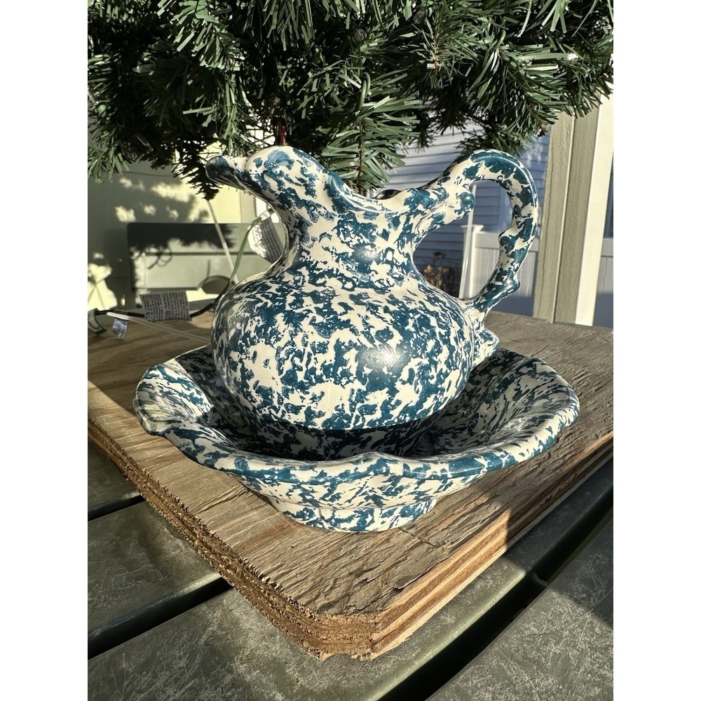 Vtg McCoy Blue Country Spongeware Stoneware Pottery Small Pitcher And Bowl Set